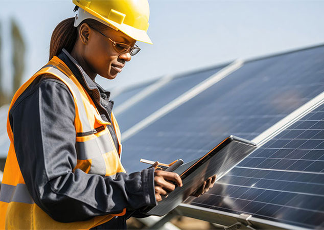 Thumbnail of a woman looking at a clipboard near solar panels