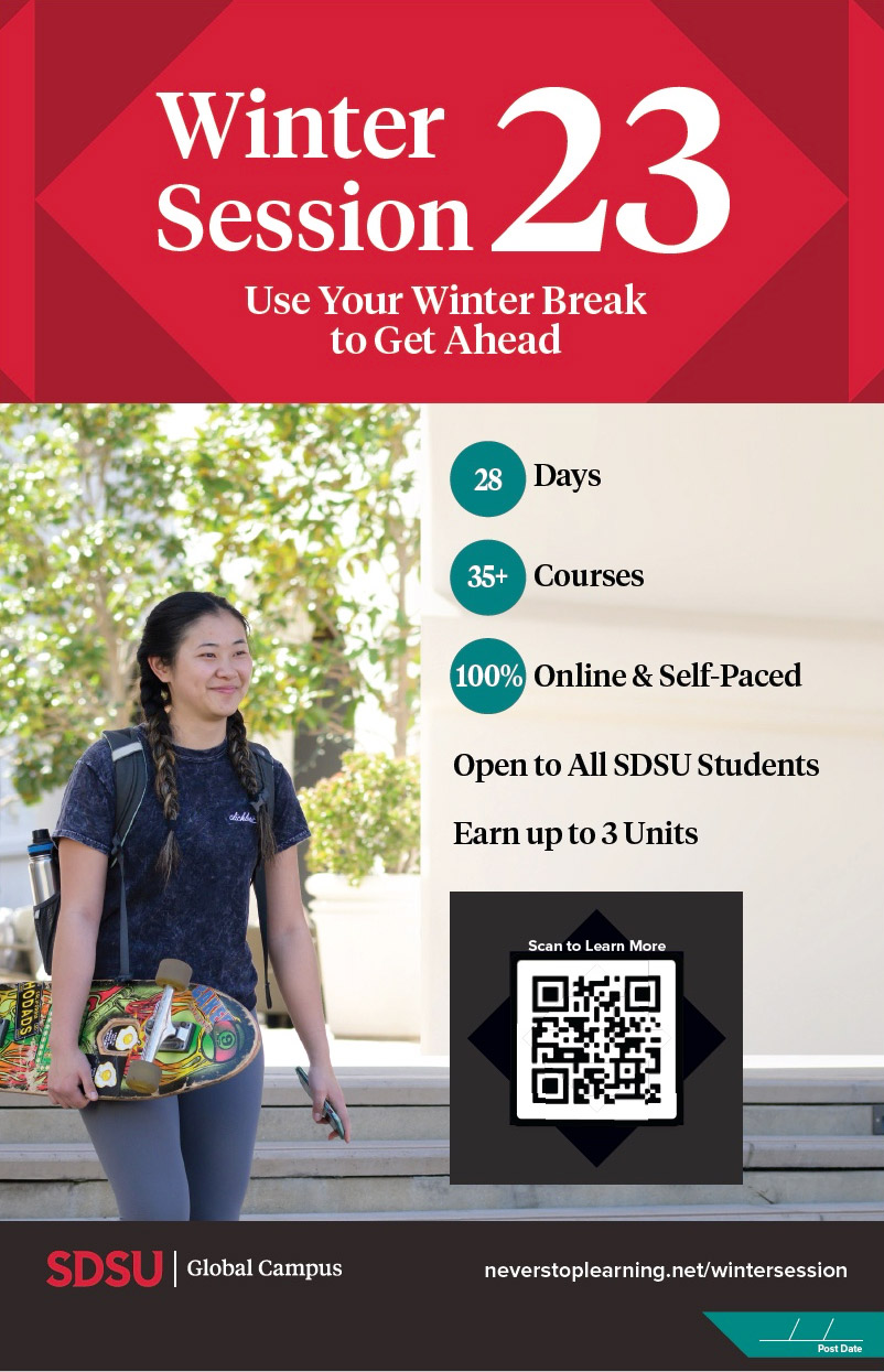 Winter session poster of student sitting at the steps.